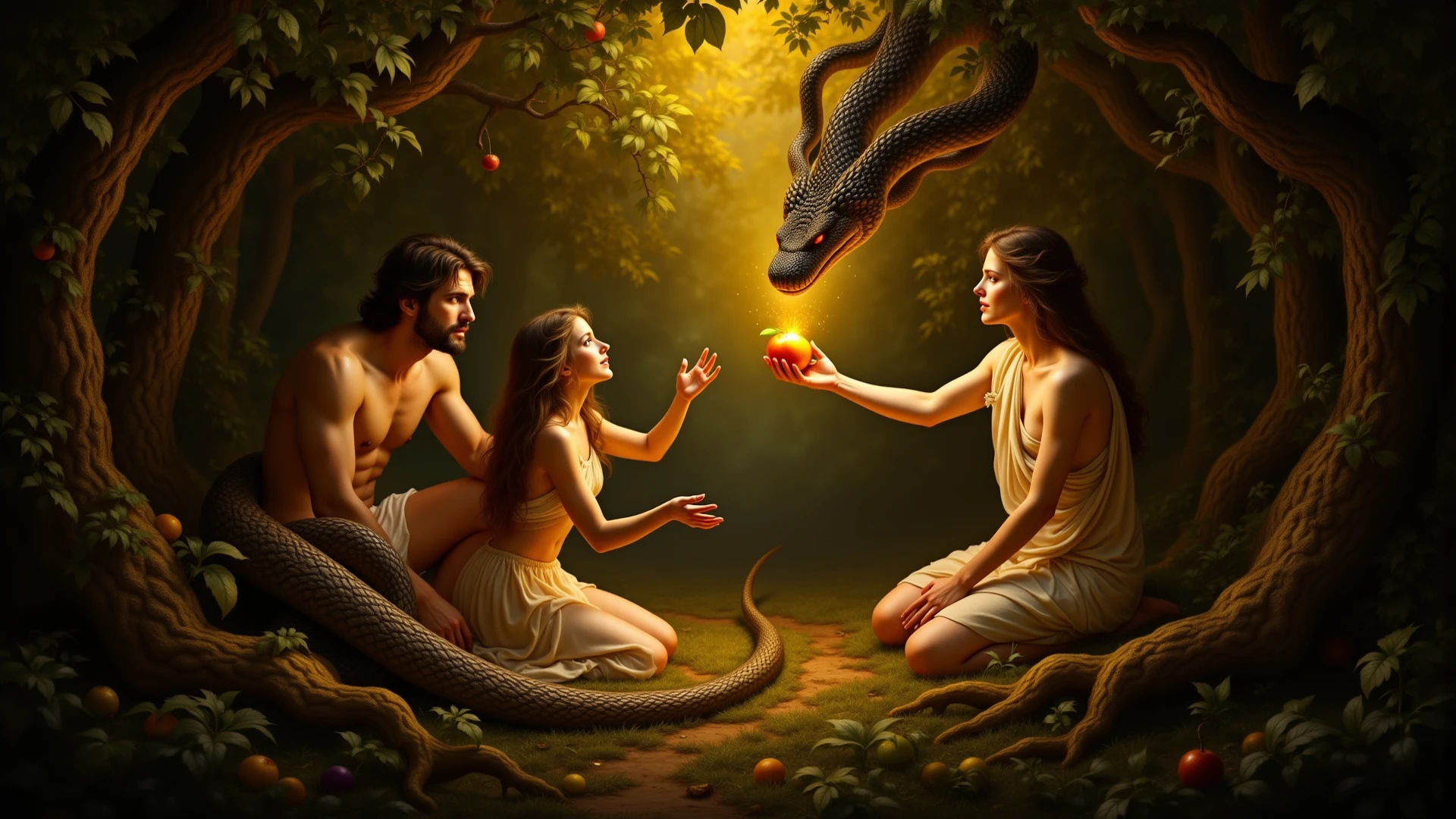Adam eating the forbidden fruit with the snake on the tree and Eve by his side