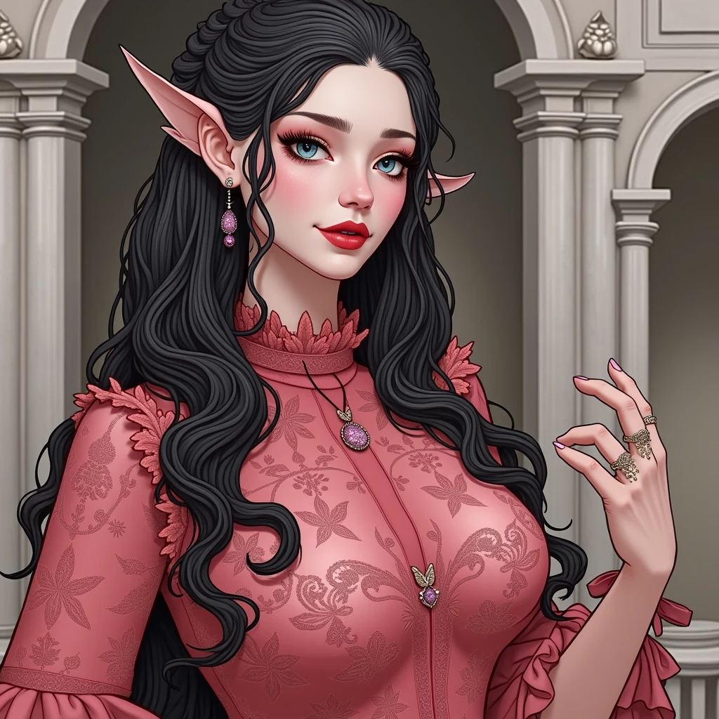 btd,1 girl, goblin, elf, mellow_female,(work of art, detailed back ground, best qualityer),long shiny hair,black hair,rag clothes, pretentious smile, juicy lips, bitch_juice, Red lips, perfects eyes, purple eyes, greenish skin.