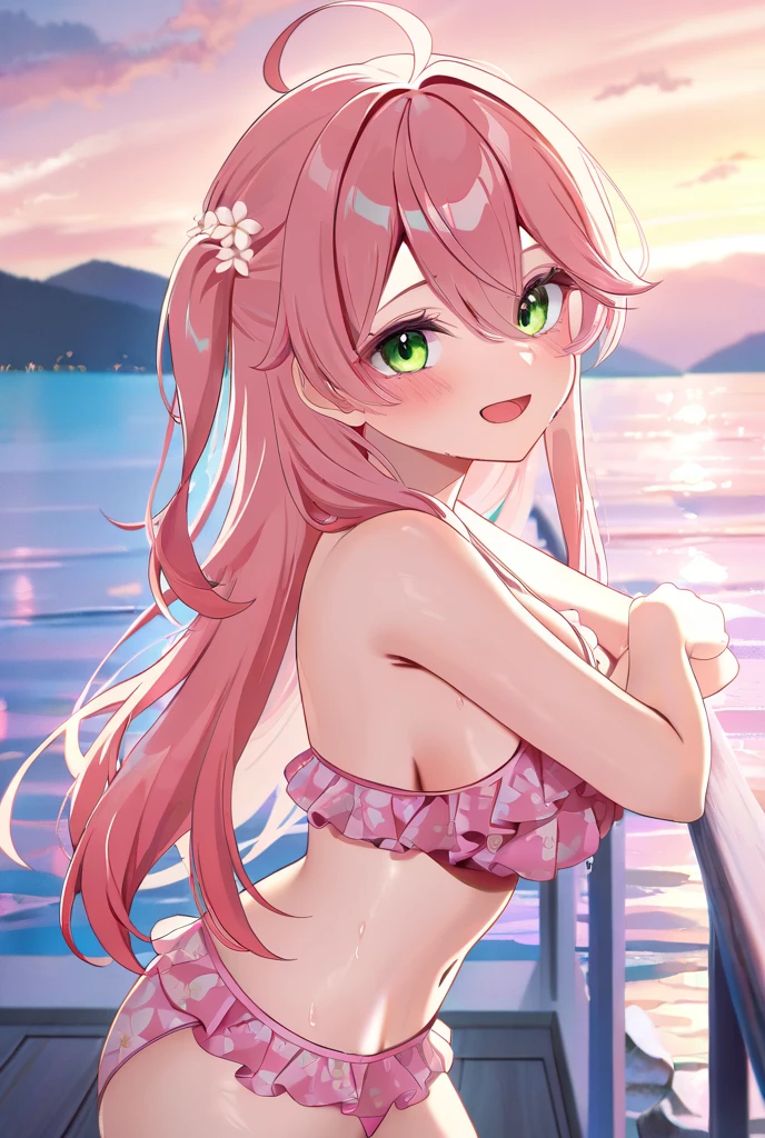 (barechested:1.2), (see through bikini:1.3), (blushed face:1.4), Embarrassed look、cute little、Clear eyes、Shining eyes、tits out、teats、cleavage of the breast、Tummy、a navel、thighs thighs thighs thighs、Inseam、Poor rat department、Protruding buttocks、no brassiere、witheout panties、An ultra-high picture quality、ultra-definition、Crisp、realisitic、photo-like、String bikini