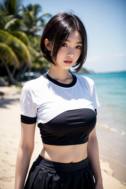 (8K、Raw photography、Highest quality、masterpiece:1.2),(Black Hair、Dark Eyes:1.9),(:1.6)、View your audience,Viewed from the front,White skin,(:1.3)、(Tight waist:1.6)、(Clothes that accentuate the shape of the breasts:1.0)、(Big Breasts :1.3)、Slim figure、Ultra-high resolution,beautiful,beautiful fece,(One person、No background:1.9),whole bodyボディー,Japanese women,(reality的:1.37)、Photon Mapping,reality、(Baby-faced and cute: 1.4)、(Cute Smile: 1.8)、(Round face: 1.8)、Radio City、Physically Based Rendering、Depth of field rally background、photograph, (I can see your knees、Thigh close-up:1.8),(Camel Toe:1.6),whole body、Great quality