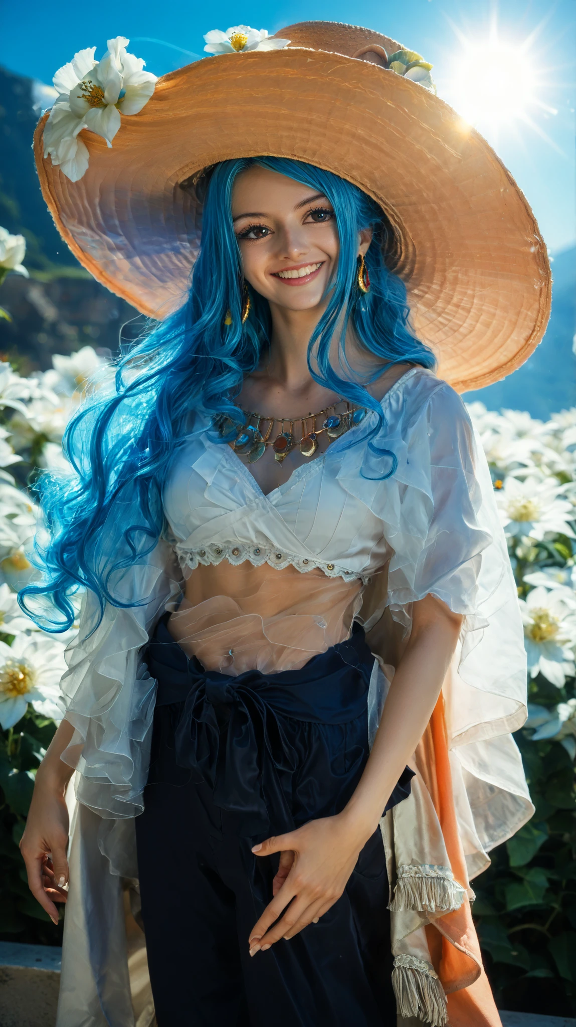 masterpiece, ((ultra detailed background, delicate pattern, intricate detail)), (highly detailed, fine details), best quality, beautiful lighting, (portrait), Nefertari Vivi, 1girl, long hair, blue hair, solo, blue giant sun hat with white flowers, floral loose blouse (blue with orange and white flowers), black shorts, relaxed and natural pose, one hand in front, slight soft smile, casual summer outfit, jewelry, earrings, outdoors, sunny clear background, simple blue background, no cape, no dress, fresh and stylish, charming, highly detailed, cosplay, Korean style, toned body, beautiful (25 years old), Asian style, focus on outfit and face, ultra HD, vibrant colors