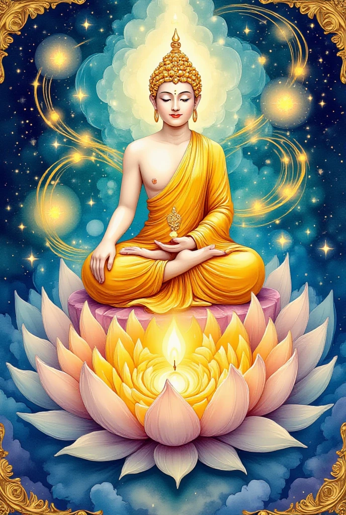Golden Buddha on the clouds, chakra shining, magnificent vision, mandala, astrology, big sphere of light, emitting light, perfect lighting, white lotus flower blooming, lotus flower floating