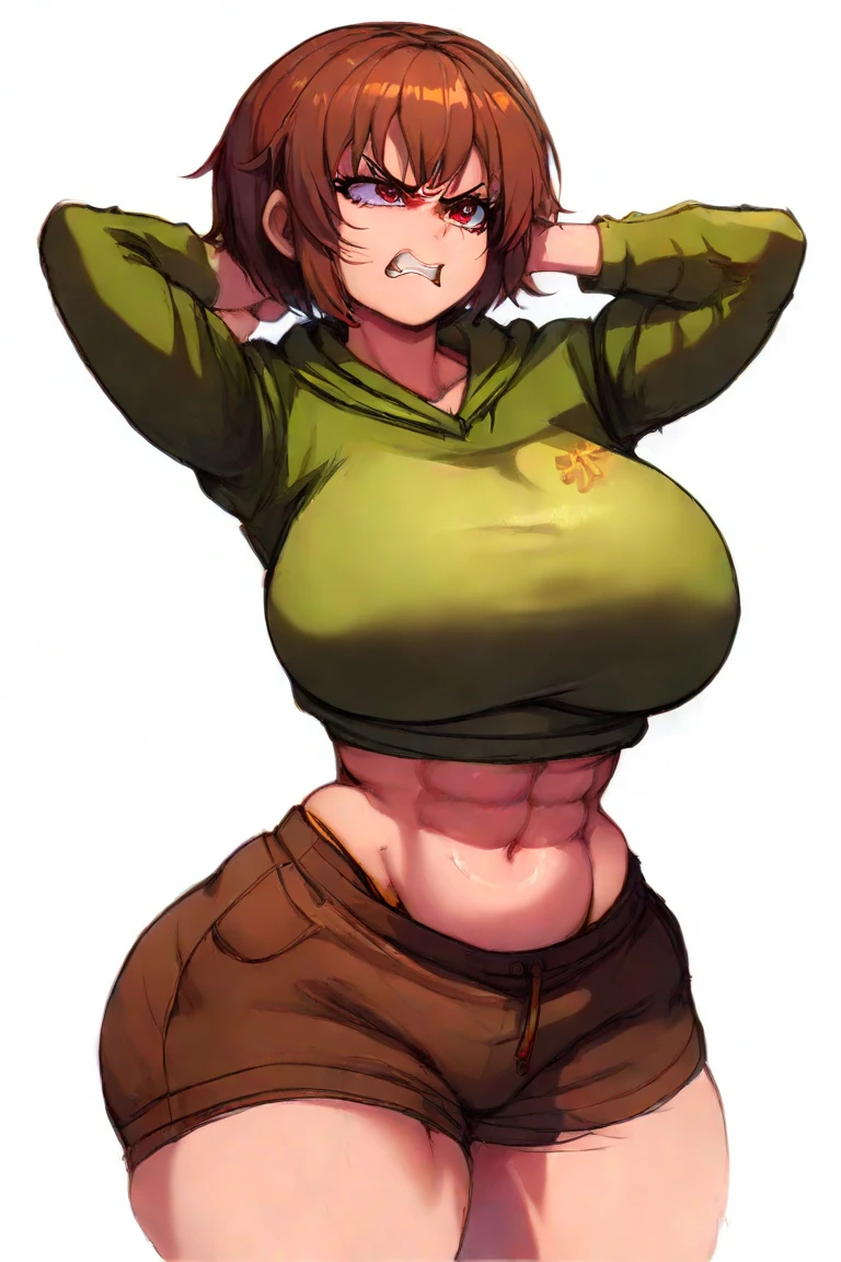 ((highres)), Masterpiece, high quality, best quality, beautiful, perfect lighting, detailed face, ultra cute face, looking at viewer, embarrassed, blushing, 1girl, chubby belly, thick thighs, wide hips, art by kipteitei, brown hair, short hair, messy hair, shorts, crop top, arms behind back, simple background, gradient background,