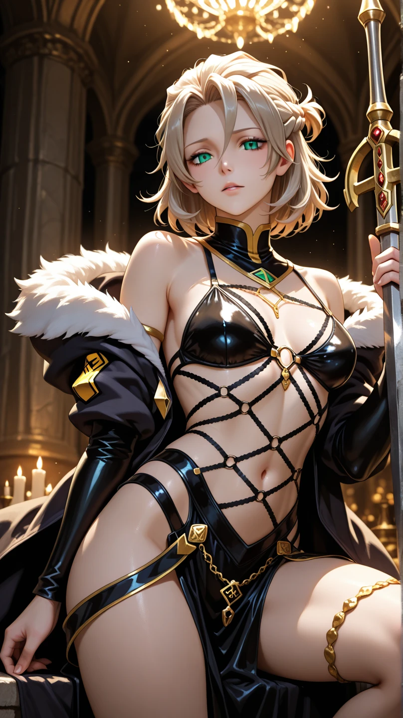 top-quality、extremely delicate and beautiful、femele、Wearing a black cloak。Colossal tits、Black Bikini Bra、Thunder properties、a blond、short-haired、Yellow eyes、Navel、Black miniskirt、Belt at waist、professional wrestling、Rise to the pinnacle of professional wrestling、Crowd Circle View、inside in room