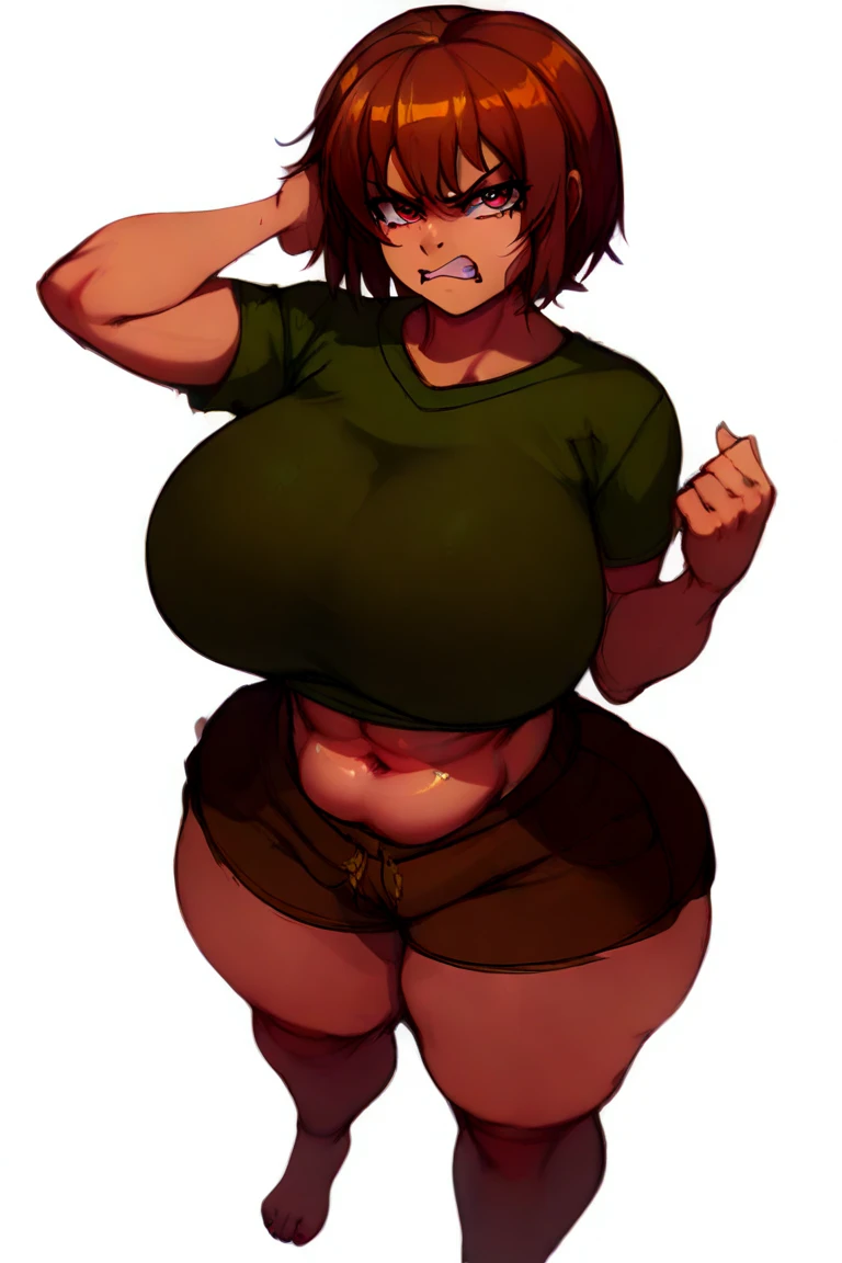 sweaty, thick thighs, wide hips, surprised, torn clothes, small clothes