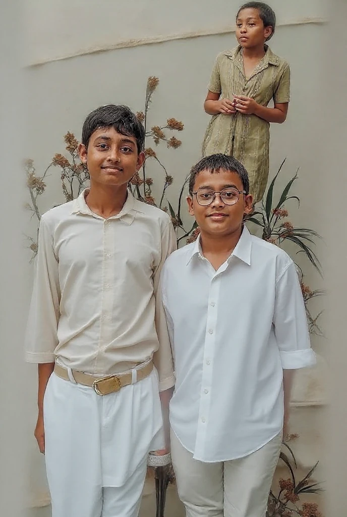 several children standing in front of a wall with posters on it, cute boys, deep image, enhanced photo, edited, boys, children, jayison devadas, twins, a boy, special, centre image, ???, small and sharp pupils, two young men, siblings, center of image, a picture, beautiful image, clean image, beautiful faces