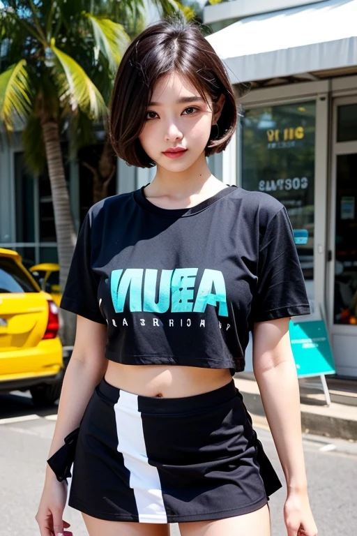 Very cute face、smile、13歳girl、Fluffy long hair、Beautiful legs、Beautiful body、Thin legs、White skin、Black T-shirt、Black mini skirt、白いパンティ少し見えている、sea