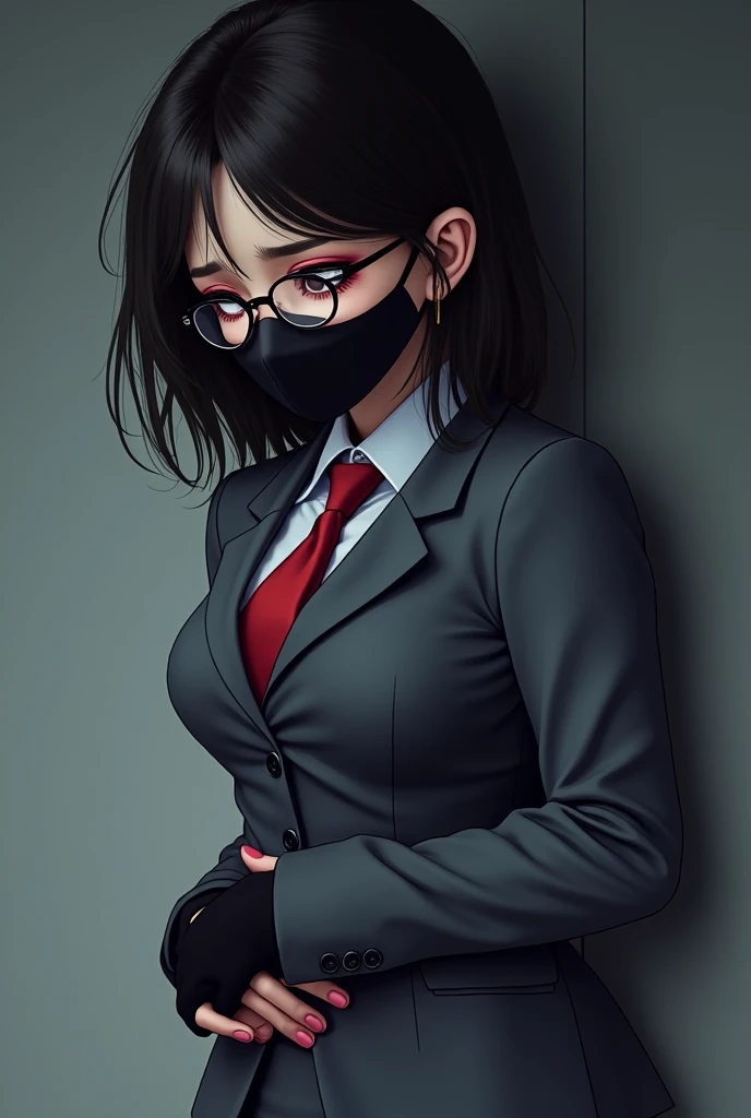 score_9, score_8_up, score_7_up, score_6_up, score_5_up, score_4_up, BREAK 1girl, (black hair:1.2), bob cut, short hair, tomboy, black eyes, (black mouth mask:1.1), long eyelashes, half-closed eyes, (red-framed eyewear:1.1), black choker, hime-cut hair, adult, mature, black eyeliner, ear piercing, BREAK solo, standing, big breasts, adult, tall, white collared shirt, long sleeves, light brown cardigan, open cardigan, black pleated skirt, black microskirt, black miniskirt, (black thighhighs:1.1), (shirt tucked in:1.1), black nails, skinny, BREAK white background, simple background,
