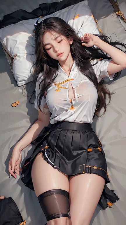 Browsing Caution,(((masterpiece))), (((highest quality))), ((Very detailed)), ((Very delicate and beautiful))
, Tifa, 20-year-old, Huge breasts 豊満な胸, Huge breasts, Pay attention to the chest break (Torn clothes:1.8), Armpits are visible, Raise your hand, (Knee:1.8), Exposed nipples, night, (Lying in bed:1.2), bedroom, White tank top, Black Mini Skirt