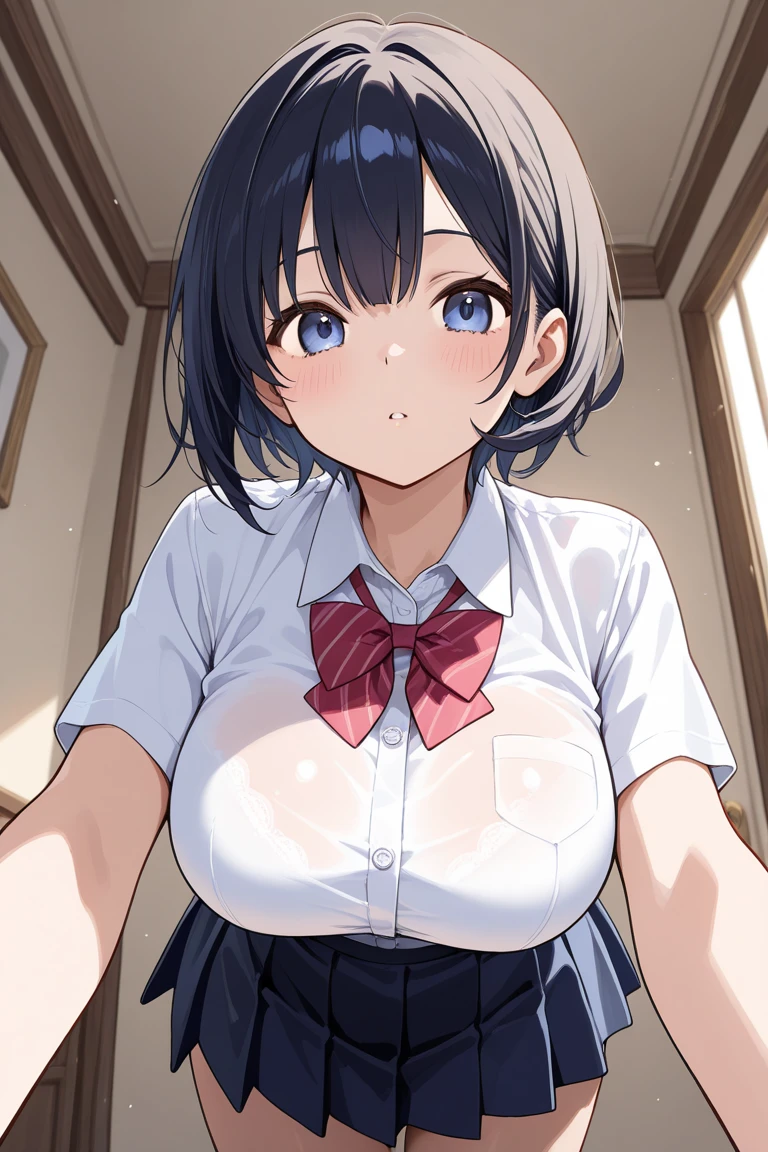 intersection、street、bra lift, open shirt , skirt, nipples, large breasts,((( both hands on own breasts))), troubled face, blush、half smile,Alone、looking at the camera、front、In town、full body photo、Passer-by
