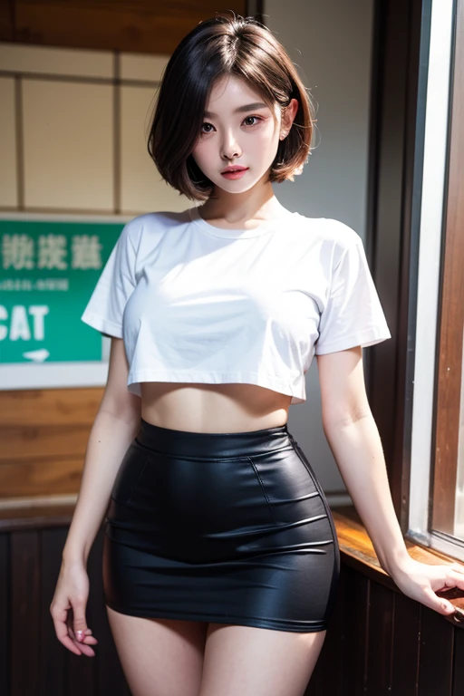 (Forehead, Cropped jacket, Abs, Midriff, scowling, Short hair, Black hair, eye line:1.3), (masutepiece, Best Quality, beautiful quality), (Photorealistic:1.4), (Detailed Lighting, highlydetailed skin, very detail hair, shadowy, 8K, Tea Cho Photos, 1girll:1.2), view the viewer, (high key lighting), masutepiece, of the highest quality, Best Quality, offcial art, Wallpapers by Unity 8K, hight resolution, 超A high resolution, Ultra-detailed, Beautiful and aesthetic，Pained look，darkened room、Navel Ejection、Emphasis on bust、Leather skirt、Beautiful legs、Full-body image、Young woman is rubbing her chest、A woman is rubbed her breasts over her clothes、A man is touching a woman's chest、Fully clothed、SEX, Young woman in perfect style t-shirt、Pained look, rub the chest、molesting,There is a woman who is touched by someone else's hand , Small bust, The man grabs her tightly , Japanese , Raped