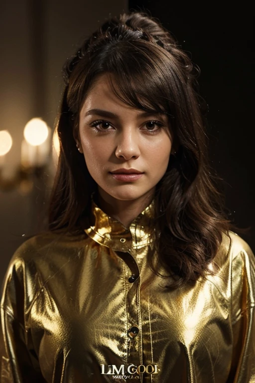 a woman, 25ear old, long brunette hairs, 8K, UHD, flash lighting, professional lighting, textured skin, romantic smile, star war cosplay, C3PO cosplay, lingery