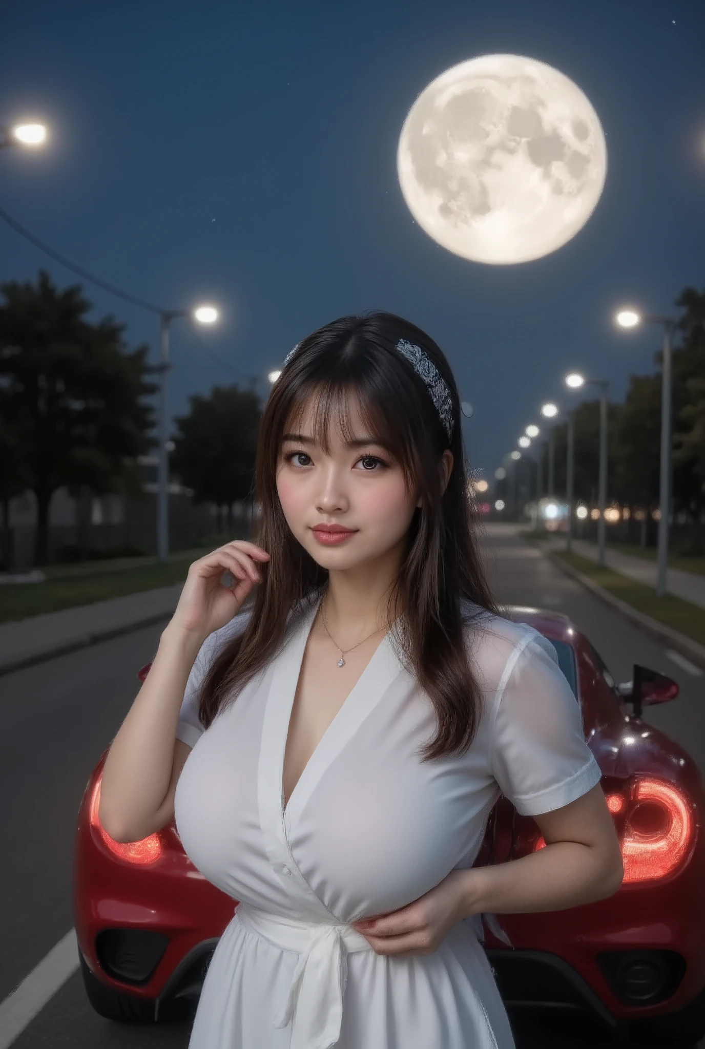Ultra-realistic, 8K, highly detailed 、Japanese woman standing in front of a supercar、back view、thin waist、 beauty、Late Night、full moon night