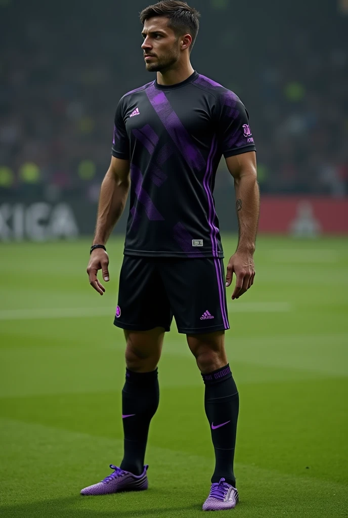 Sexy Men wear black and purple soccer Jersey and showing his dick