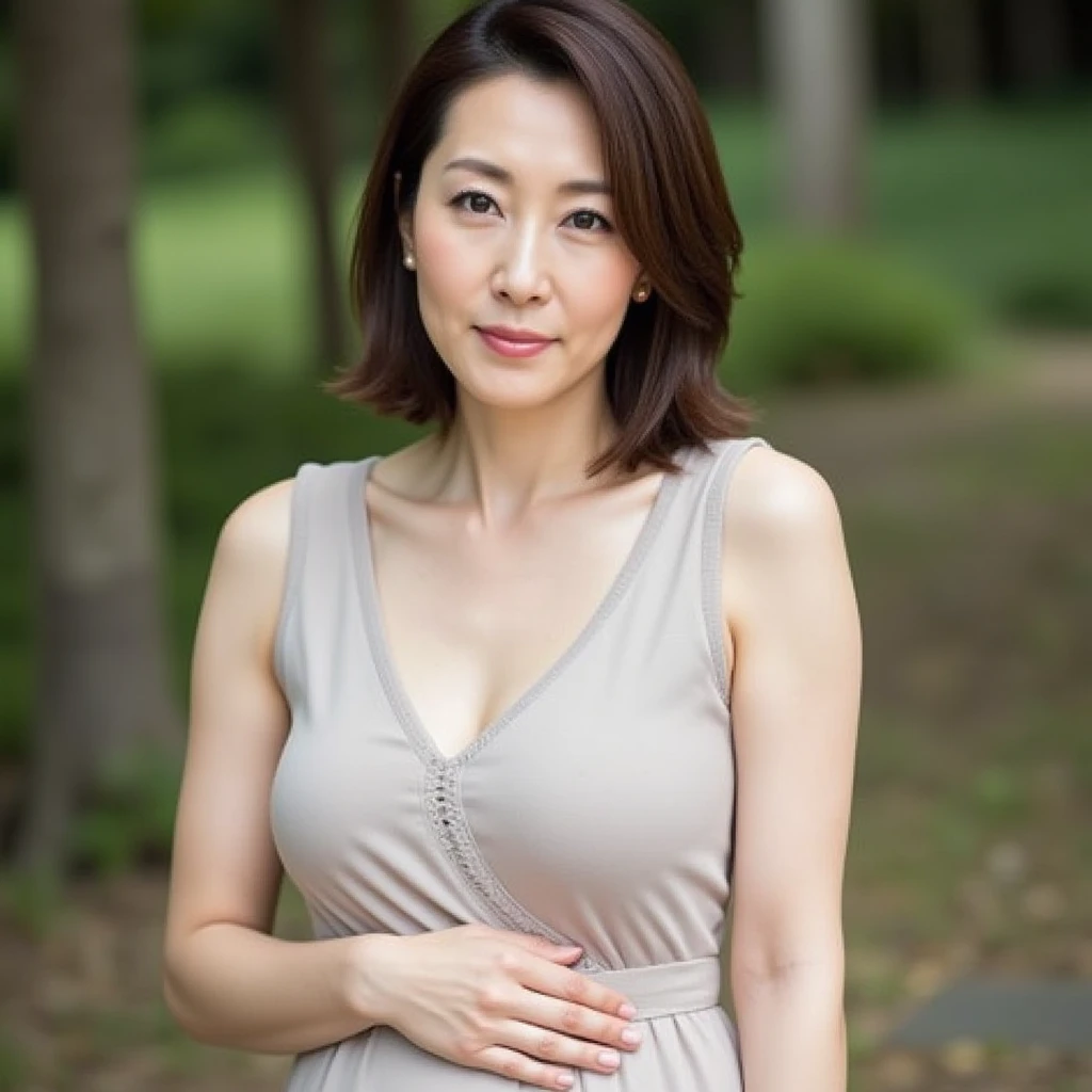 (8K, Best quality, Masterpiece:1.2), (Realistic, photo-realistic:1.37), (8K、RAW photography、Photorealsitic:1.3)、47 year old mature woman standing in the woods,half-body portrait,The face is delicate,Elegant feminine,Happy and charming,Ochre dress,The fabric of the dress outlined her huge bust with M cups,The clothes conform to her curves,autumn maple forest