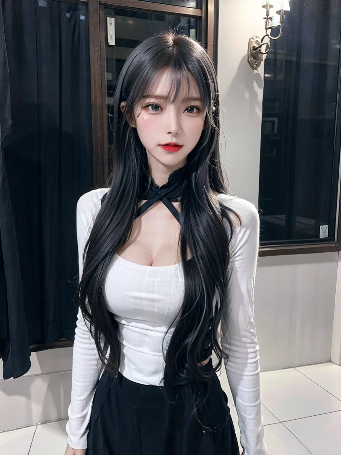 _ger,Black and white two-tone hair, long straight hair, Off-the-shoulder dresses, full bang, best quality, 1W, medium chest, Pelvic exposure, cleavage exposed, a little ,blunt_bangs,cute girl,masterpiece,sharp_face,skinny,cosplay,pretty,riborn,Pencil skirt,compression_shirt,small face, cute