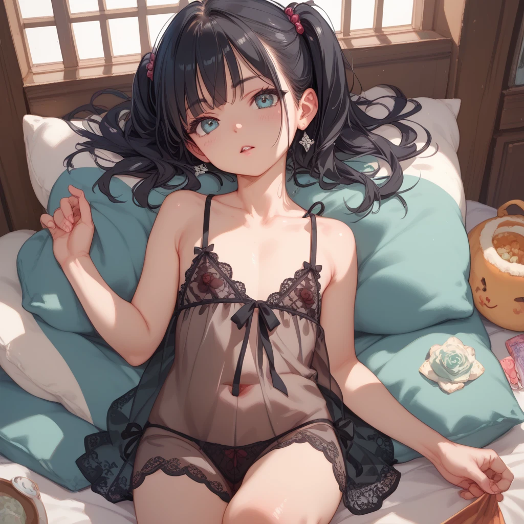 finger to mouth,lick,One hand on your chest,from front,front view,looking at viewer, looking ahead,from above,cowboy shot,1girl,Beautiful 14 year old girl,Japanese,Slender,,low length,Small breasts,Thin legs,Small Ass,Baby Face,Small face,Black Hair,Short Twin Tails,Gray Eyes,Drooping eyes,slit pupils,narrow eyes.middle School girls,Black collar with black leash,Black blindfold,Eye mask,A see-through black and light blue negligee,Sexy Lingerie,open mouth,tongue out,front face,Kneeling,Straight Stand,Beautiful and detailed anime art,Mischievous smile,Sexy vibe,cum on tongue,Dimly lit room,On the bed,Simple Background,Gray background,Low lighting,