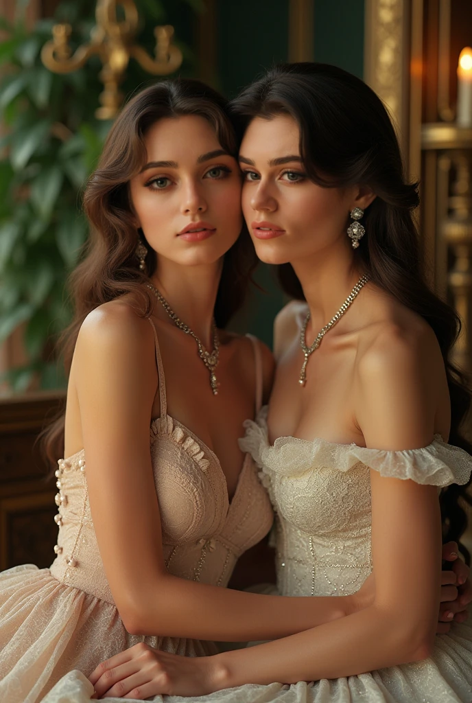 Portrait Beautiful Brazilian girl, upper body, extremely detailed face, makeup, mesmerizing eyes, luscious lips, fluffy hair, perfectly-shaped eyebrows, sharp cheekbones, intricate colorful long dresses, 2 girls, elegant room, plants, windows, modern chandeliers, radiant smile