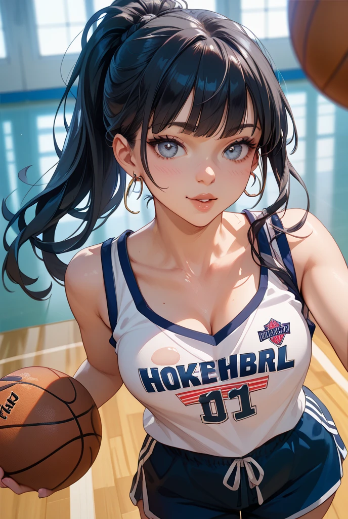 Masterpiece: 1.2, best quality), realistic, (real picture, rich details details, depth of field), (1girl, solo), smile, delicate facial features, makeup, high detail, perfect face shape, (big breasts: 1.4), ( skindentation ), thick thighs, wide hips, thin waist, tall, coral, red lips, red eyes, ponytail, ((((basketball girl, transparent blue basketball suit)))), (sweat: 1.2), (wet), sexy, blushing, sweaty