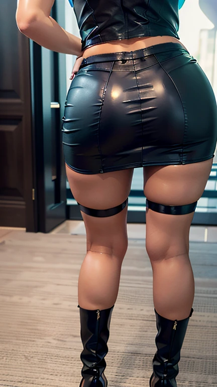 masterpiece, (realisti), High Resolution, high-detailed, complex, beautiful women, blue eyes, freckles, detailed face, enger Body, from the back, looking down at viewer, shows ass, smile, tied up, tied up, fetters, on all fours, big ass, mini skirt