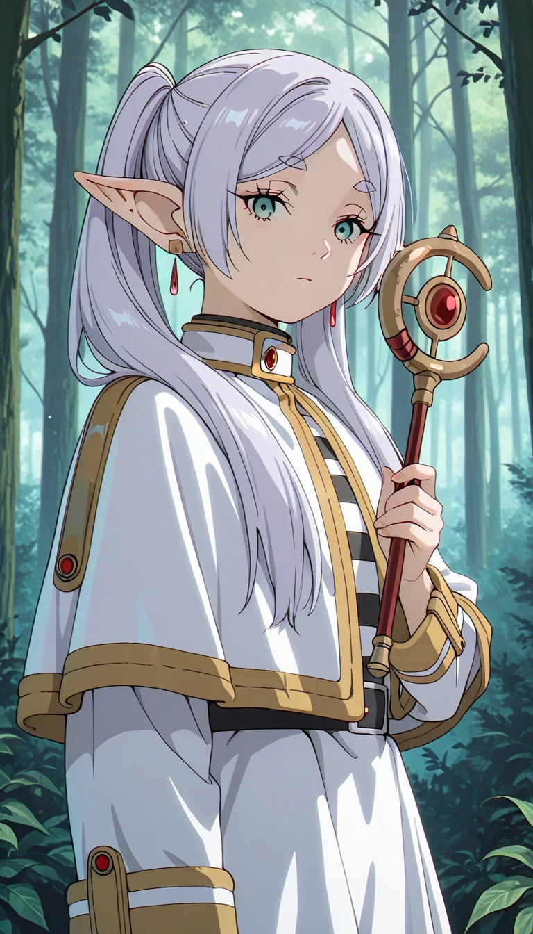 masterpiece, best quality, very aesthetic, absurdres,
sousou_no_frieren, frieren,capelet, dangle_earrings, drop_earrings, earrings, elf, green_eyes, grey_hair,jewelry, long_hair, long_sleeves, mage_staff, pantyhose, parted_bangs, pointy_ears, shirt, sky, solo, staff, striped_clothes, striped_shirt, twintails, white_capelet, white_hair, holding, holding_staff, blue_sky, cloud, cloudy_sky,