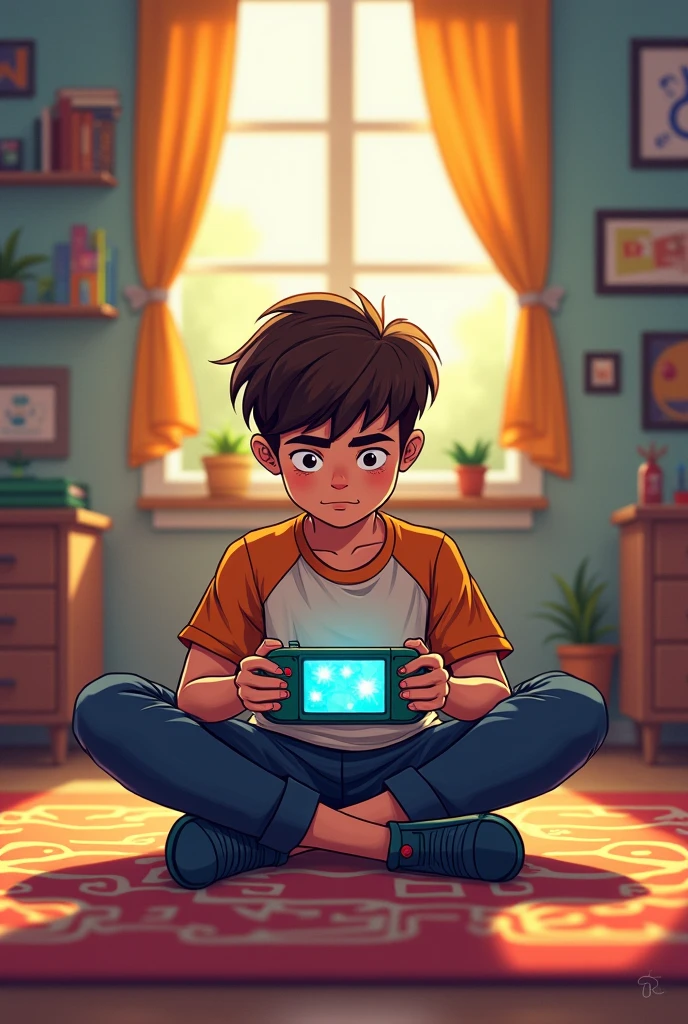 Create an avatar of a boy playing a Super Nintendo. The boy should be sitting, holding a classic Super Nintendo controller, focused on the game. Above his head, place a bright yellow glowing question mark, symbolizing curiosity or wonder. The overall style should be playful and capture the essence of retro gaming.
