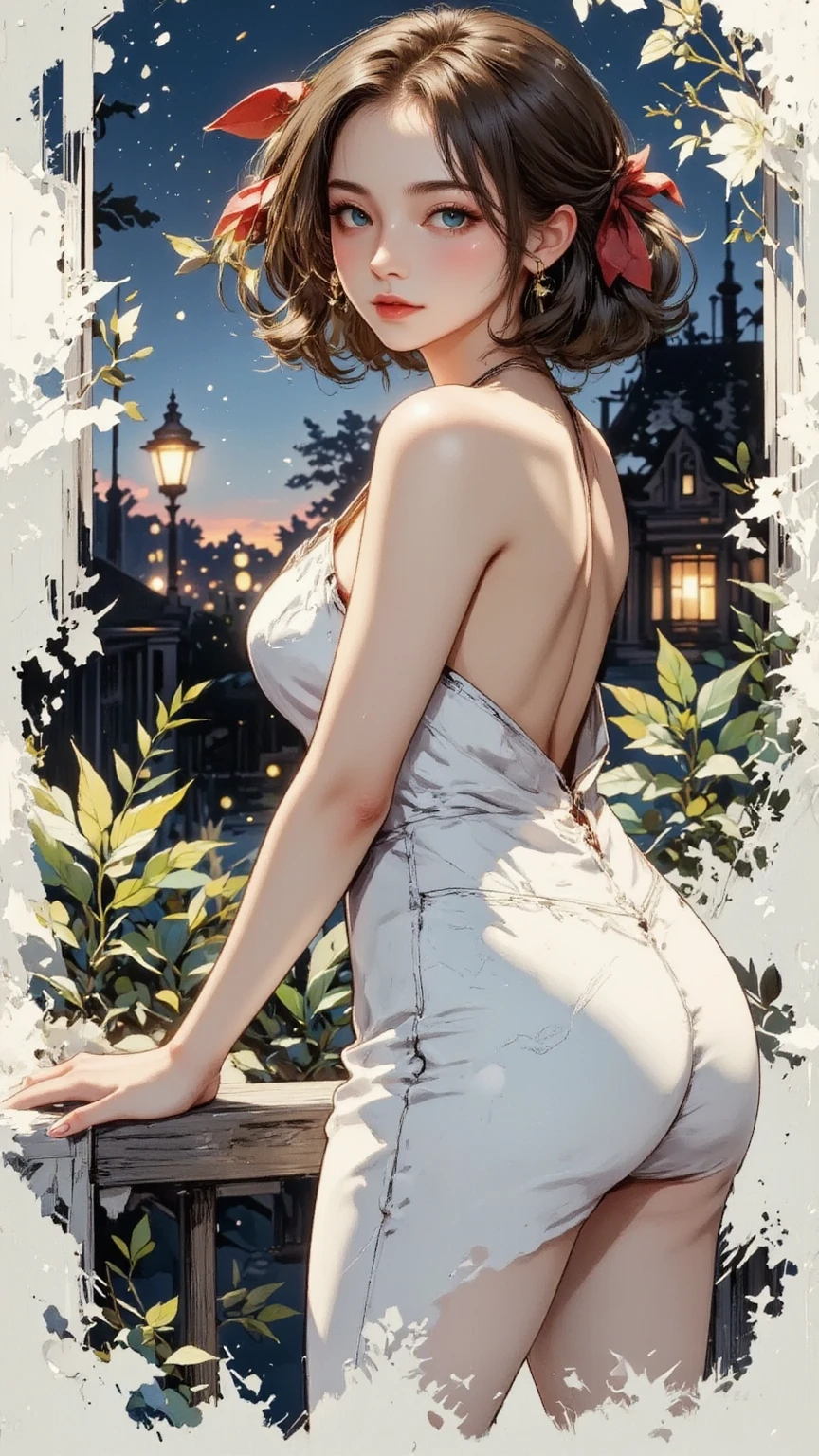 (masterpiece,best quality,absurdres,beautiful,aesthetic,detailed),outside,garden,flowers,dappled sunlight,1girl, big booty,tsukumo yatsuhashi, hairband,brown eyes,yellow sundress,looking at viewer 