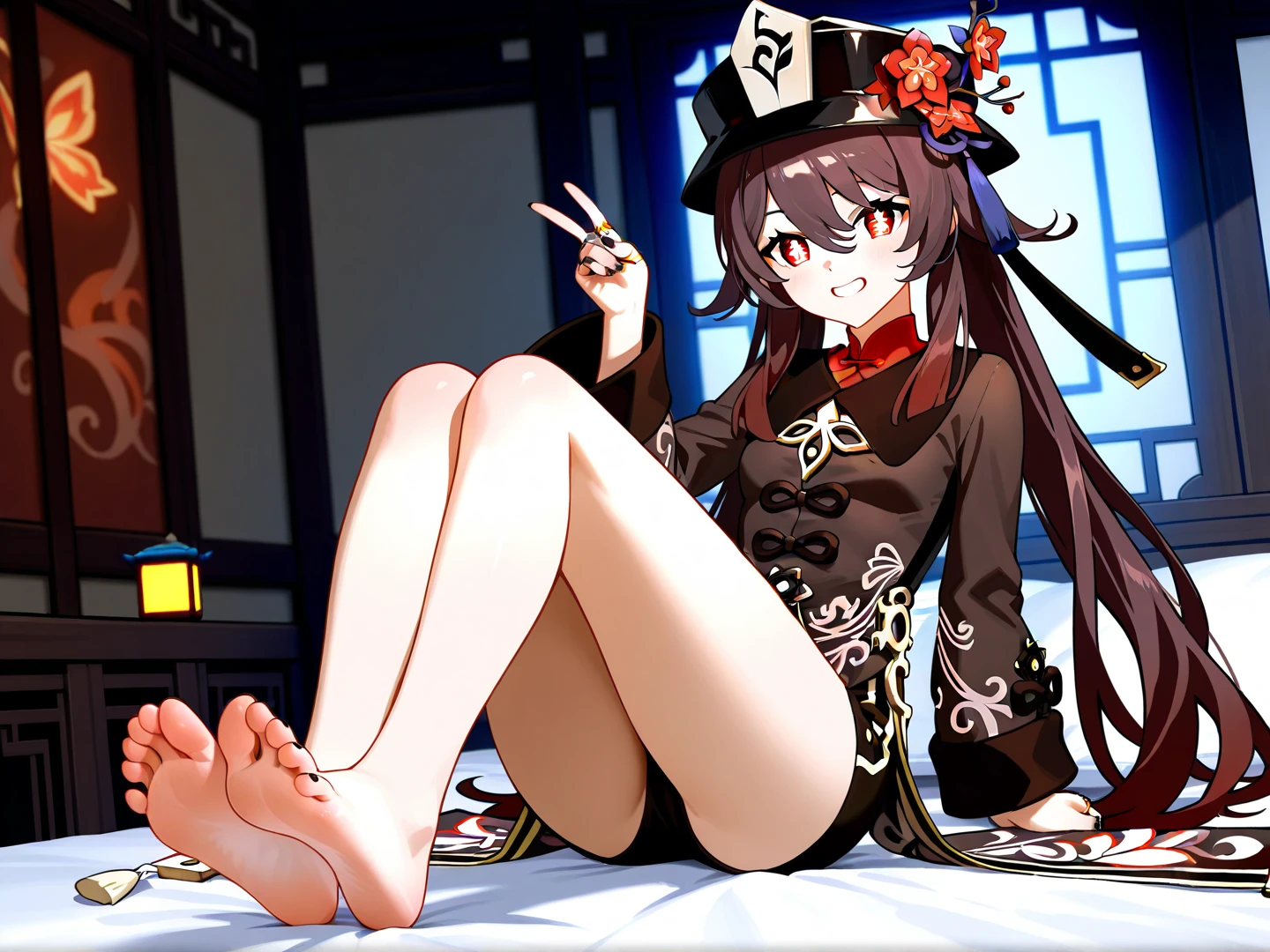 Make a work of art with the character Hu Tao from the game Genshin Impact, feets, Coxas sexy, sentado.