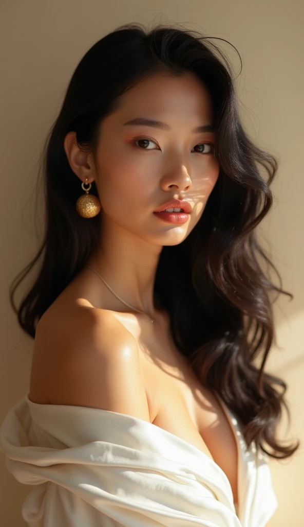 A hyper‑realistic ultra‑wide portrait photograph (Ratio 9:16) shot with soft studio lighting. Captured Shot on Canon EOS R5, 85mm f/1.4. The perspective is diagonal, emphasising elegance and dynamic tension. The scene features a light-brown skinned woman with wavy black hair down to her shoulders, wearing a white silk dress, subtle makeup and gold earrings, looking directly at the camera with a serene expression. Rendered with textures of silk, skin, glossy lips and gold details, producing crisp micro‑details and high-end editorial quality. The background is softly blurred in a warm beige tone. Subtle effects like soft grain, bokeh and bloom enhance the analog depth and realism. The atmosphere mirrors a fashion editorial mood – polished, ethereal and captivating.

same style, same lighting, same mood. Should resemble high-fashion editorials, clean and striking.