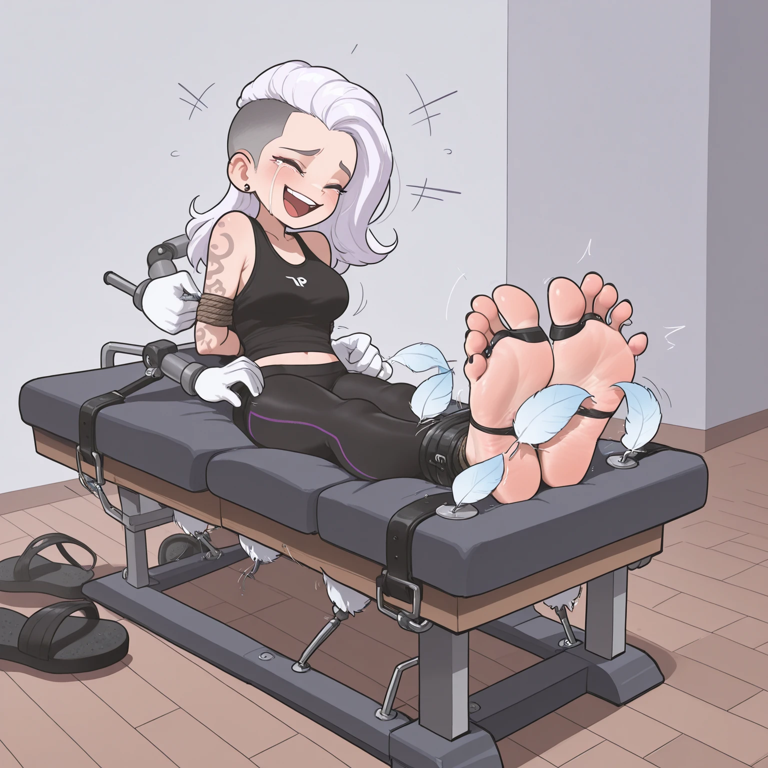 Alluring hipster woman, adult body, american girl, fair skin, strapped down tightly on a bondage table, her ankles tied together, 1girl, feet, perfect soles, urban apparel, many ear piecings, tanktop and flowy yoga pants, arm tats, sandals on the floor, Pedicured toes, black nail polish, tickling, (tickled by automated machinery), tickle torture, ticklish feet, (mechanical ticklers tickling all over her body), size 8 soles, perfect toes, barefoot, short platinum and teal undercut hair, toes, bound, soles. Laughing to tears.