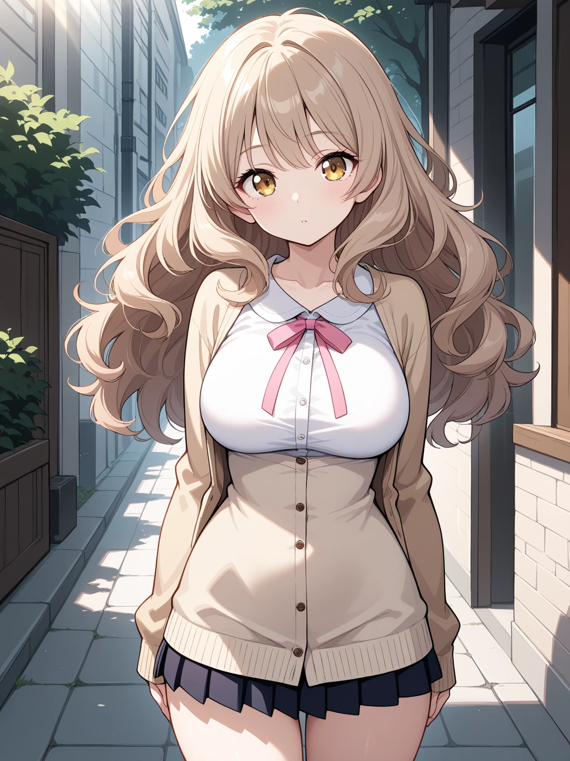 slender, mature female,jewelry, rating:safe, blurry, 1girl, depth_of_field, long_hair, jewelry, crossed_arms, green dress, solo, blurry_background, earrings, brown_eyes, breast_hold, breasts, light brown_hair, looking_at_viewer, smile, blush, purple_dress, long_sleeves, bangs, arm_under_breasts, closed_mouth, large_breasts, blurry_foreground, day, jacket, buttons, arms_under_breasts, shirt, bag, black_hair, high-waist_skirt, medium_breasts, open_clothes, indoors, white_shirt, eyebrows_visible_through_hair, jacket_on_shoulders, standing, necklace, pleated_dress, open_jacket, wavy_hair, hoop_earrings, sidelocks, cowboy_shot, outdoors, holding_arm, sunlight, upper_body, window