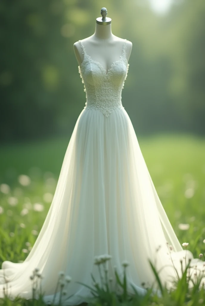 Satin wedding dress with delicate white flowers printed on it 