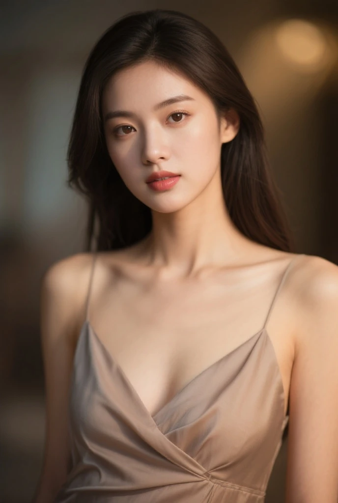 highest quality, masterpiece, ultra high resolution, (photorealistic:1.4), RAW photo,1 girl, alone, realistic, lips, (looking at the viewer), Upper body, simple background, brown eyes, black dress, off shoulder,Less cloth