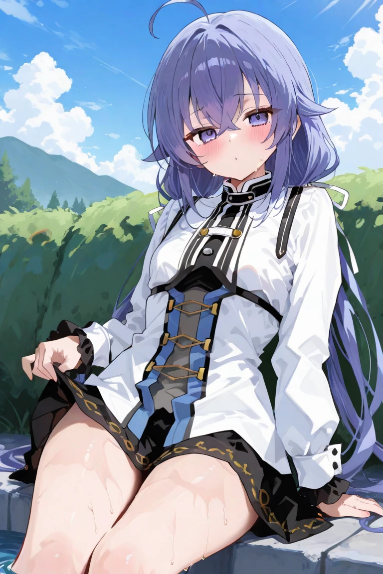 BREAK (masterpiece:1.2), best quality, high resolution, unity 8k wallpaper, (illustration:0.8), (beautiful detailed eyes:1.6), extremely detailed face, perfect lighting, extremely detailed CG, (perfect hands, perfect anatomy),castle,towers,night,stars,moon,starfalls,waterfall,twin braids, long hair, blue hair, blue eyes
white shirt, wet shirt,collared shirt,nipples,nipples see through,no bra,witch hat, black hat,white panties, wet panties, camel toe, shy face,cleavege,neckline,sleeveless,sit on grass,spread legs.