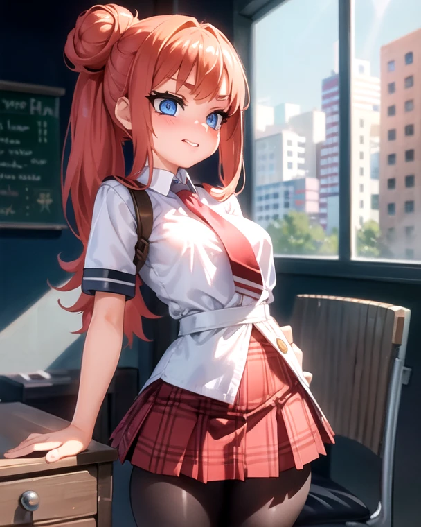 ((Calidad superior, ultra detallado, high resolution, CG extremadamente detallado, fondo de pantalla de unidad 8k, por artista famoso, perfect anatomy, super detailed skin, cinematic lighting, HD, retina, anatomically correct, 1080P)), (Por favor, draw a single happy girl walking in a school classroom. :1.3), ((1 chica)), (Solo, rostro,13歳:2.0), un estudiante de secundaria, Androgynous Amulet, (pelo medio, ((pelo rojo completo)) ((pelirrojo)), coletas, flequillo recto, with a little bow in her hair) Extremidades completas, dedos completos, ((Dedos perfectos)), pecho plano, Cuerpo , Small rear, ingle, Hermosos ojos llenos de oro amarillo detallados., ojos perfectos, uniforme escolar marinero blanco y azul ((la blusa es blanca, la falda es azul, lazo rojo en la blusa, Cuello marinero azul, mangas cortas:)) (Detailed lighting), (antecedentes detallados), (en la zona escolar), vista de cuerpo completo, de pie, piernas, zapatos uwabaki. lindo, chica soltera kawaii (una chica), Toma de cuerpo completo. El fondo es la escuela., cuerpo delantero, I want to see her walking and see her in a vista de cuerpo completo, Medias negras hasta la rodilla, ((thin piernas)), ((Flaco)) (cuerpo de 13歳)).
