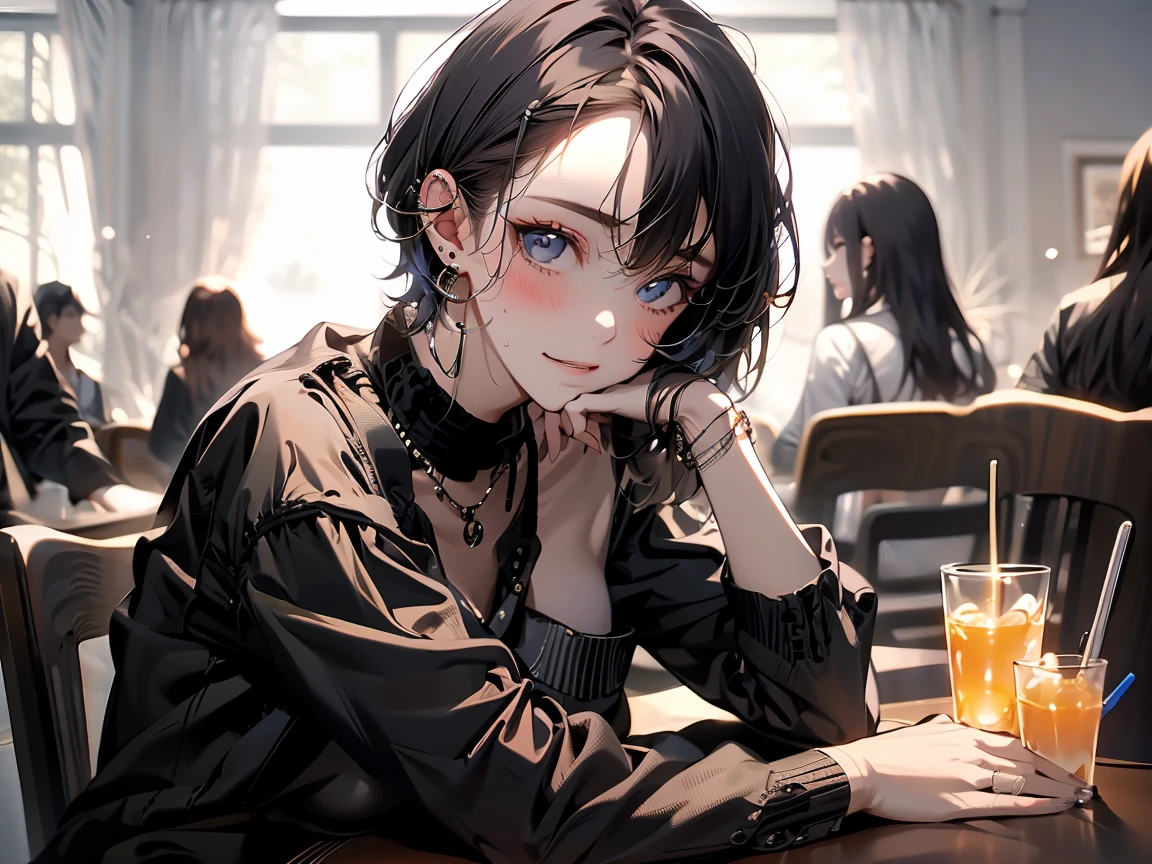 (​masterpiece、top-quality、realisitic:1.2)、(intricate and delicate、high detailed skin and face)、black suits、((Man's, 17 years old:1.3))、white  shirt、5 piercings、(Dark smile)、((Green eyes and short hair:1.3))、The background is a bar、Cinematic soft lighting、8k wallpaper、Unity、art  stations、High Resolution CG