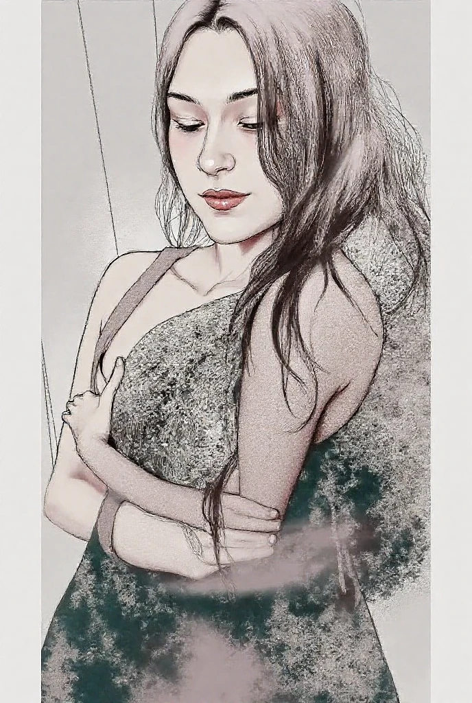 a drawing of a woman with big , covering part of her nose, eyes, mouse with back of her hand, the other hand beside her body, woman have large breast part of her right breast appear to viewer, woman wearing slip, woman have her slips' holders fallen from her shoulder showing her breasts, woman have her brassier holder fallen, brassier holder fallen from the shoulder.