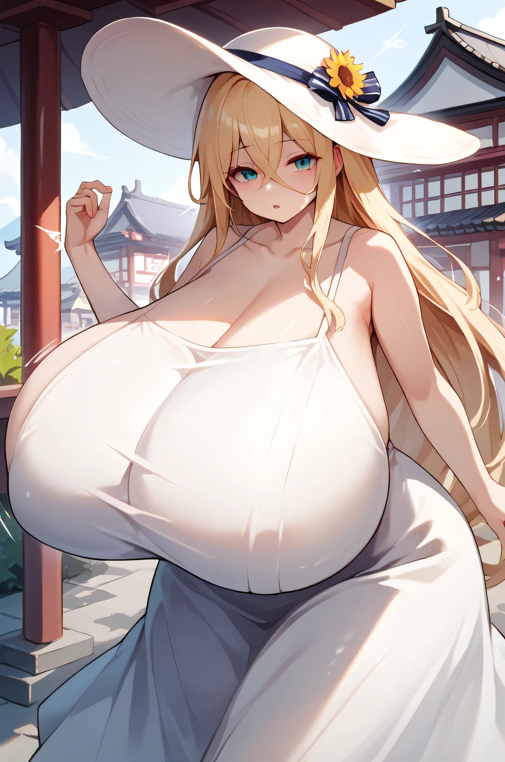 1girl, solo, long hair, glasses, blonde hair, (((giant breasts: 1.3))), large breasts, twin tails, (thighs: 1.2), heavy blush, (thick thighs: 1.3), wide hips, choker, (happy: 1.3), simple background, shiny skin, wet skin, inside, looking at the viewer, ((cleavage)), ((lewd)), best quality, smiling, white dress, open mouth, fang, short skirt, profile,
