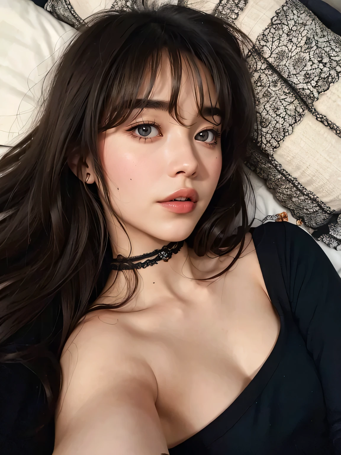 blonde woman with long hair and piercings posing for a photo, with long black hair, with long black hair, perfect white haired girl, ava max, tifa lockhart with black hair, pale porcelain white skin, anime girl in real life, with black hair, extremely black hair, very black hair, with long black hair, Her hair is black