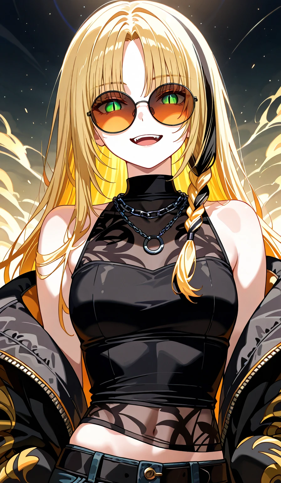 1girl,blonde hair,straight long hair,emeraldgreen eyes,medium breasts,iridescent,crystalline dress,dark background,cowboy shot, heart style sunglass,