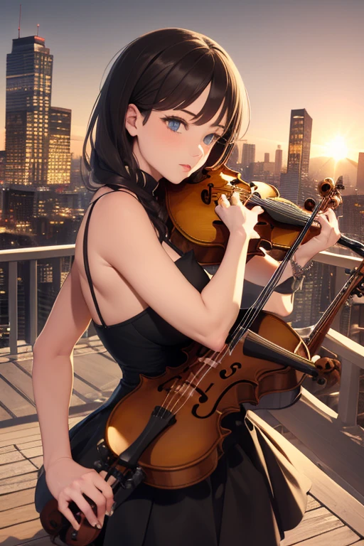 (Starry sky background:1.2)、1 female、20-year-old woman、Playing the violin、Perfect Anatomy,Beautiful light and shadow, ,Beautiful white skin, Black Hair,Center of chest, slim、Violin Solo Concert, Simple and elegant classic dress、Serious face、全力でPlaying the violin、British Castle Parks、Outdoor、masterpiece, Highest quality, detailed,、