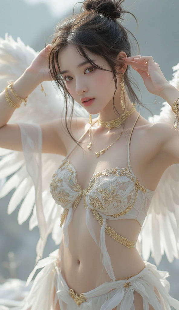 masterpiece,best quality,very aesthetic,absurdres,1boy,venti_/(archon/)_/(genshin_impact/),male_focus,detailed_eyes,(gnns:0.25),white feathered_wings,white halter_top,white shorts,hair_flower,midriff,black blue hair gradient,dsmile,((flat chest)),starry_sky,moon,starry_sky_print,((green eyes)),slender,feathers,divine,detailed_eyes,long_eyelashes,pink_lips,glossy lips,narrow_waist,wide_hips,seductive,flirtatious,iridescent volumetric light, god rays, heavenly,cosmic,celestial,