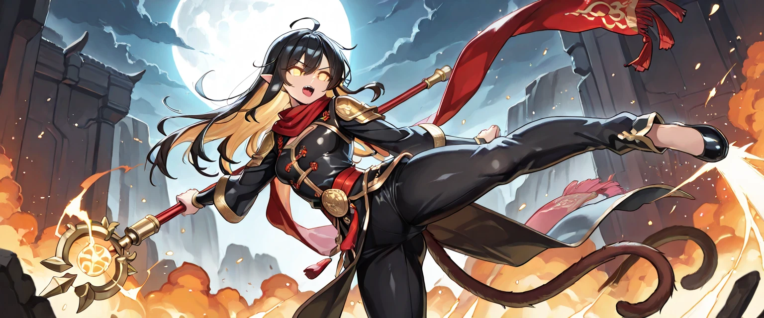 ultra-detailed, Explicit, Beautiful body, Beautiful Nose, Beautiful character design, perfect eyes, perfect face, ultra highres, 4K, beautiful legs, perfect legs, Nice hands, Perfect hand, Masterpiece, Best Quality, Highly detailed, illustration, absurdres, street fighter, doll suit, shadaloo doll, dollsuit, expressionless, blank eyes, looking at viewer, red gloves, emotionless, black latex, corrution, mind control, female combatant, full body, hypnotized, unhappy trance, full body suit, ribbed bodysuit, both arms at side, obey, perfect female body, extremely glossy latex, hypnosis, hypnoLora, empty eyes, Mind control device, poses, submissive_pose, Slave, hat, necktie, stand up straight, standing, standing at attention, hat, necktie, belt, latex, ribbed bodysuit, thighhighs, garter belt, Fighting Stance, extending the right arm from the shoulder into the air with a straightened hand, nazi saluting, military, military saluting, salute, thigh boots, Yu-Gi-Oh!, 1girl, solo, long hair, black hair, yellow eyes, twintails, Ohime the Manifested Mikanko, jewelry, weapon, sword, multicolored hair, earrings, yellow wings, ribbon, feathers,