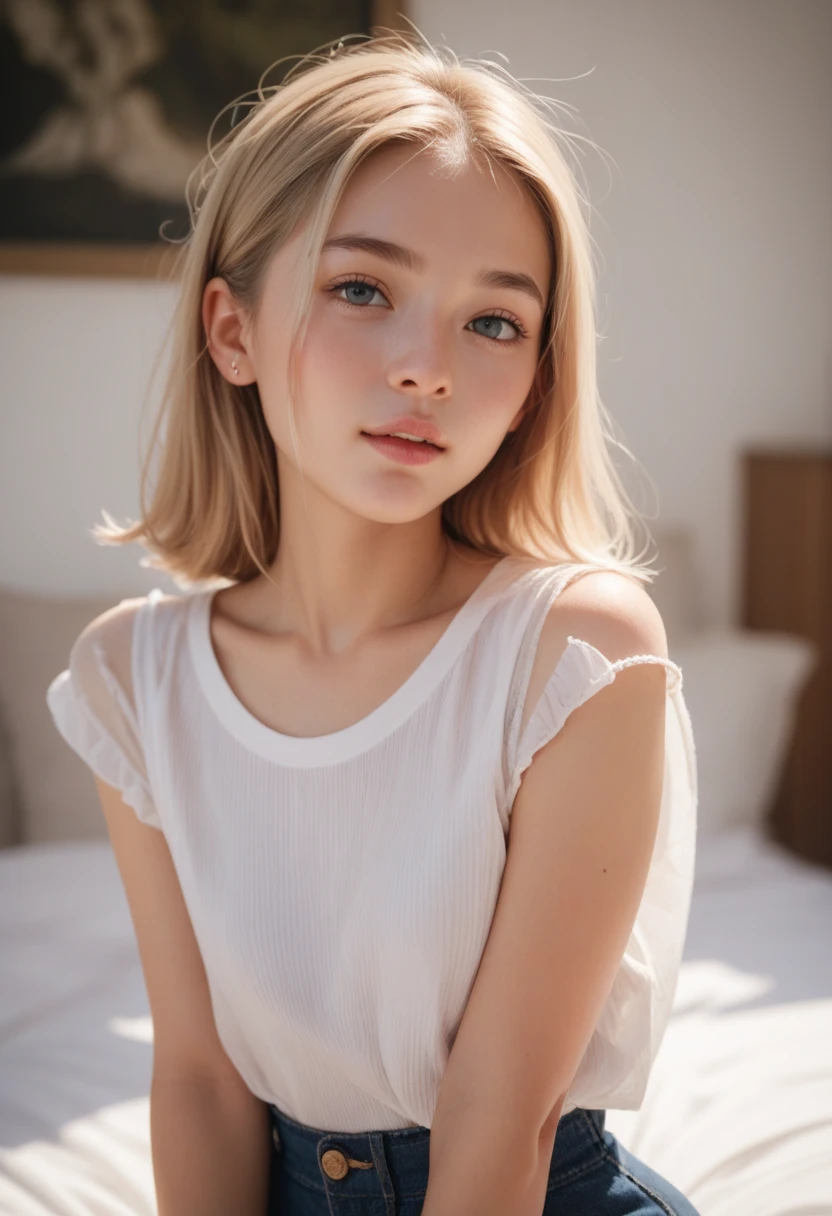a portrait of a (milk-soaked: 1.2) blonde, freckle teacher is sitting on a balcony, white shirt with V-neckline, visible through white T-shirt, slate atmosphere, cinematic, faded colors, dark shot, no sound colors, grainy film, lut, insane details, intricate details, hyperdetailed, close-up, twilight