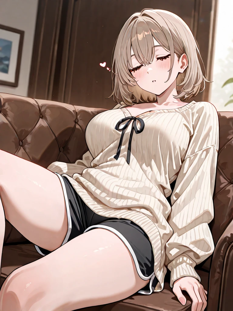 ((best quality)), ((masterpiece)), (detailed), 1girl, off-shoulder sweater,
Create an anime girl on her back with her legs open wearing pink and black underwear and who is 26 years old in a luxurious room landscape