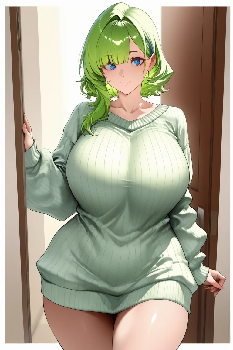 Fubuki, ((Fubuki from One Punch Man)), sitting in a chair with a book in her lap, big oppai, (sfw), wearing green tight wool sweater, outline of hair glowing green, her expression is annoyed, very large breasts, busty, wide hips, big ass, slight frown, in bedroom, pov view groping breasts, masterpiece, 8k, high res, good anatomy, cinematic lighting, slight sweat on head,