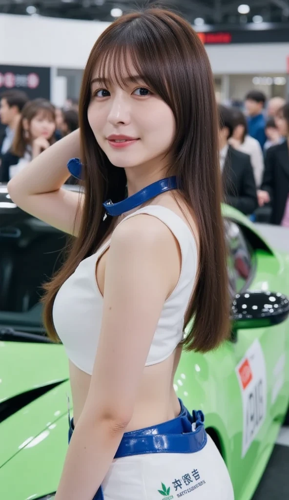 High definition、high resolution、8k、Fine、Realistic、Real、Realistic、Beauty、Photorealistic、Blurred Background、((big breasts:1.2))、((Tiny patent leather green and white racing girl tube top costume))、((Exposed Skinの多いコスチューム:1.4))、((Sponsor logos:1.2))、Jet Black Hair、Shiny Hair、Glowing Skin、Brown eyes、Big Eyes、Realistic Skin、(((Racing circuit background:1.2)))、(((Exposed Skin:1.4)))、((Standing in front of a green racing car))、((Back view))