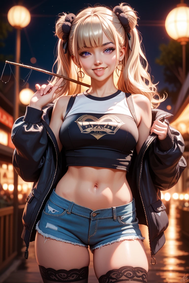 (master masterpiece：1.4，best best quality),(Enormous breasts),(The denim vest does not wear a bra to expose the internal test breasts:1.5),(Expose the navel),(short denim skirt), forest, crop top smile, blonde hair, wide hips
