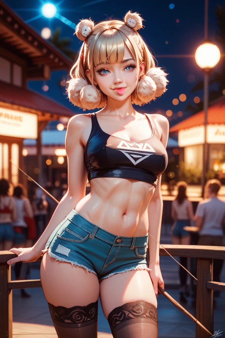 realistic, 1girl, white hair, purple eyes, glowing eyes, crop top, skirt, parted lips, blush, night, flowers, sun, sunlight,