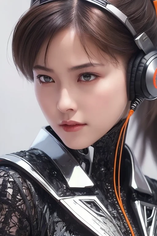 Top quality, masterpiece, ultra high resolution, (photorealistic: 1.4), raw photo, futuristic town, futuristic skyscrapers, futuristic street corner, one girl, black hair, shiny skin, 1 mechanical girl, (((ultra-realistic details)), sid mead style mechanical design, portrait, global illumination, shadows, octane rendering, 8K, ultra sharp, Big, cleavage exposed raw skin, metal, intricate ornament details, headset, hydraulic cylinder, very intricate details, realistic light, CGSoation trend, purple eyes, glowing eyes, facing the camera, neon details, mechanical limbs, blood vessels connected to tubes, mechanical vertebrae attached to the back, mechanical cervical attachment to the neck, sitting, wires and cables connecting to the head, Evangelion, cyberpunk, small LED lamps,